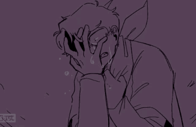 a black and white drawing of a man covering his face with his hands and crying .