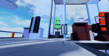 a computer generated image of a room with a green tree in the middle