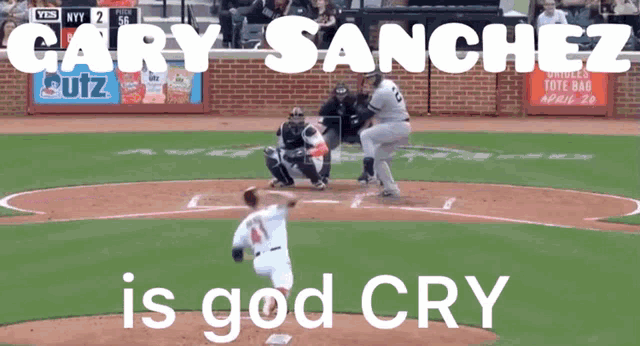 a baseball pitcher named gary sanchez is getting ready to throw a pitch