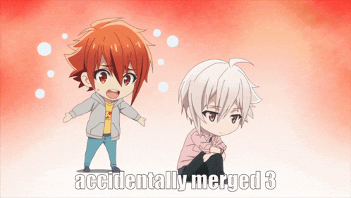 two anime characters are standing next to each other with the words accidentally merged 3 below them