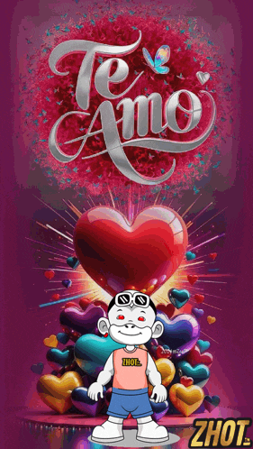 a cartoon character is standing in front of a heart with the words te amo written on it
