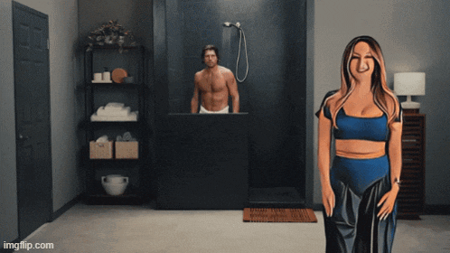 a cartoon of a woman standing in a bathroom next to a shirtless man