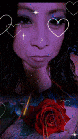a woman with a red rose and hearts around her face