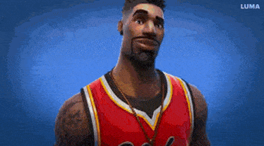 a man with a beard is wearing a red basketball jersey and a gold chain .