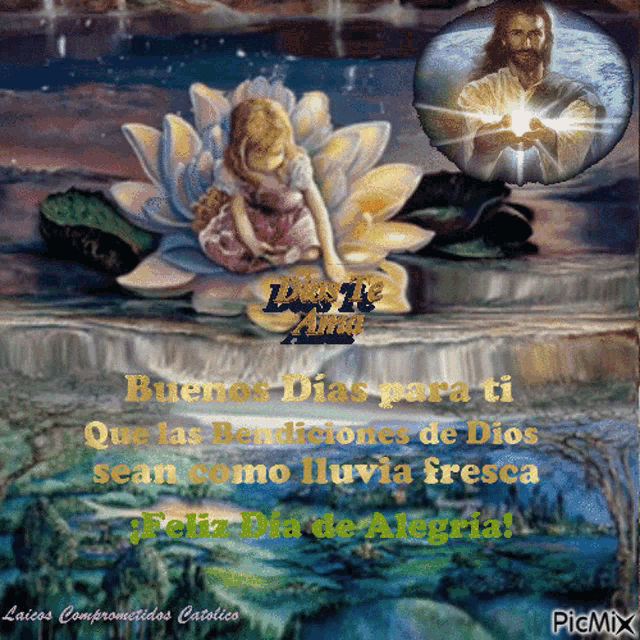 a painting of a little girl sitting on a lotus flower with the words buenos dias para ti on it