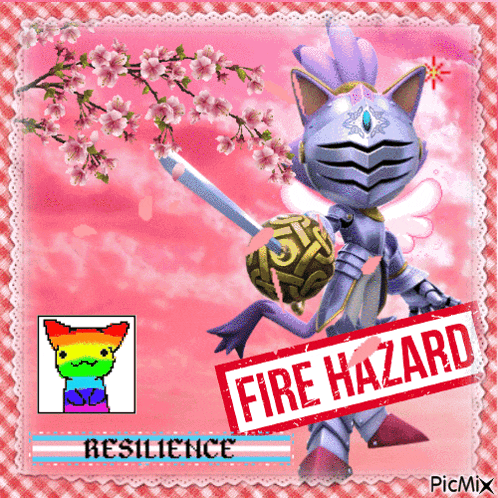 a picture of a knight holding a sword with a red stamp that says fire hazard