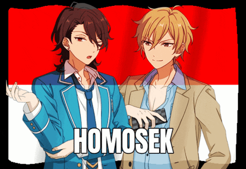 two anime characters standing next to each other with homosek written on the bottom right