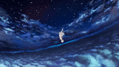 a girl in a white dress is floating in the air at night
