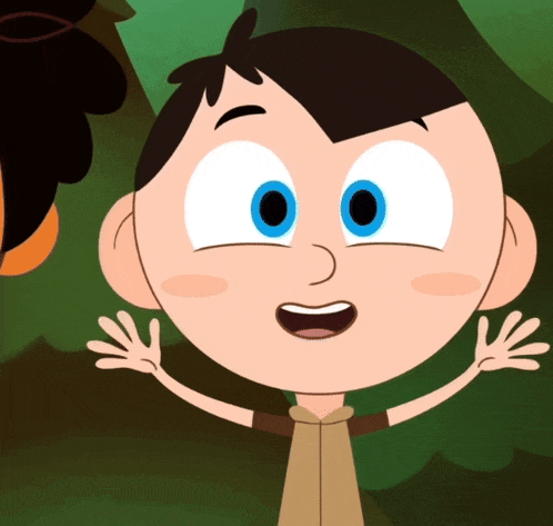 a cartoon boy with blue eyes is waving his hands in the air