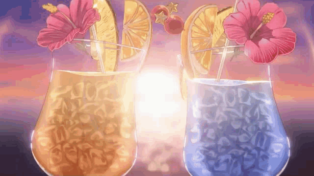two glasses of drinks with straws and flowers on top