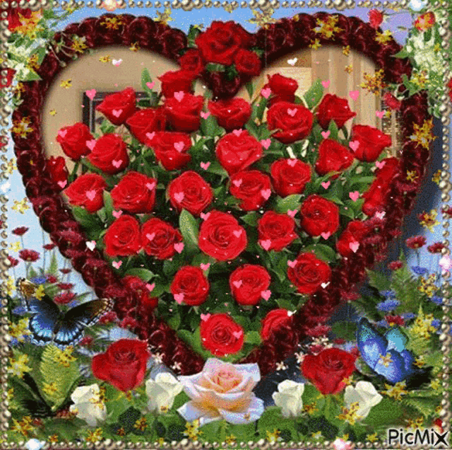 a bouquet of red roses is in a heart shaped frame surrounded by butterflies .