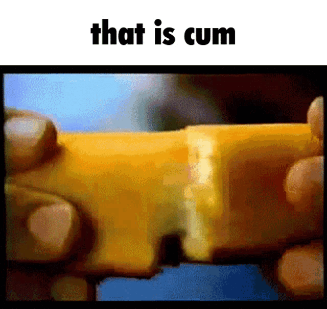 a person holding a piece of cheese with the words that is cum written on the bottom
