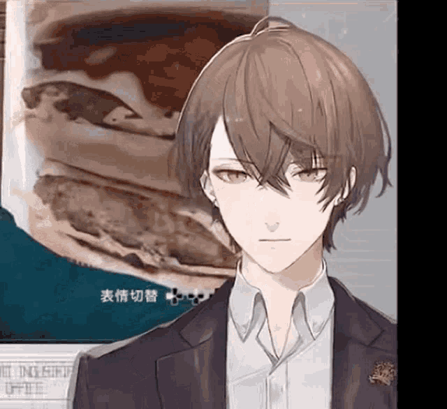 a man in a suit and white shirt is standing in front of a hamburger .