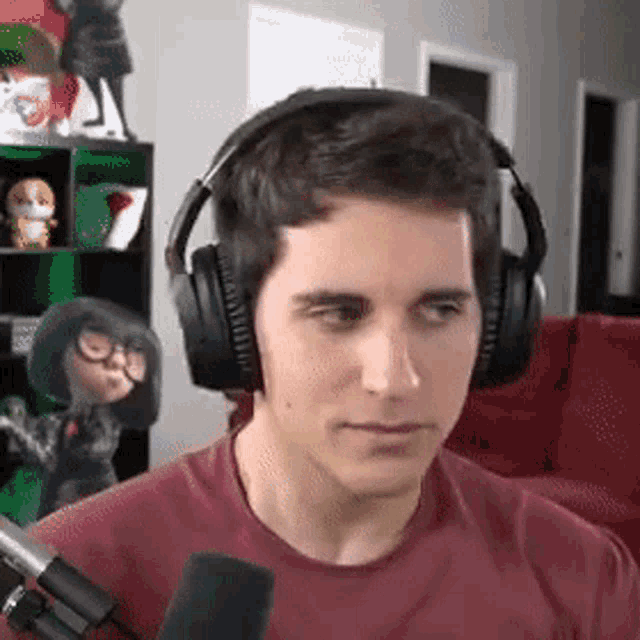 a man wearing headphones and a red shirt is sitting in front of a microphone in a living room .