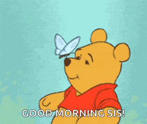 a cartoon of winnie the pooh looking at a butterfly with the words good morning sis below him