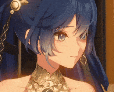 a close up of a blue haired anime character