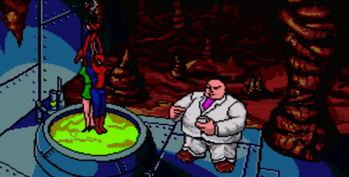 a pixel art of a man in a white suit standing next to a man in a red shirt