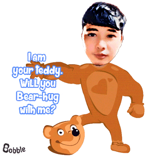 a cartoon of a man in a teddy bear costume with the words " i am your teddy will you bear-hug with me "