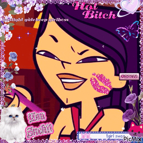 a picture of a cartoon girl with the words hot bitch written on the top