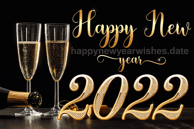 a bottle of champagne and two glasses of champagne with the year 2022