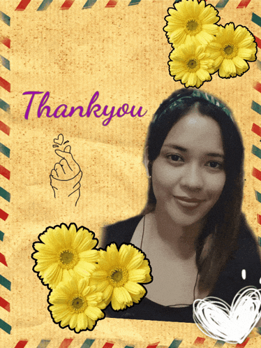 a picture of a woman with flowers and the words thank you