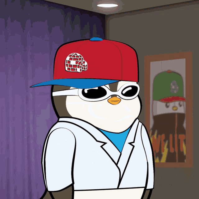 a cartoon penguin wearing a red hat and glasses