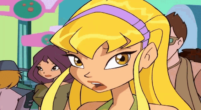 a cartoon girl with blonde hair and a purple headband stands in a crowd