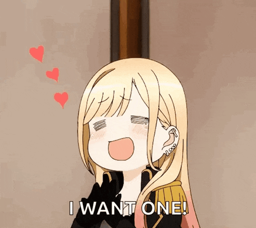 a cartoon of a girl saying " i want one " with hearts behind her