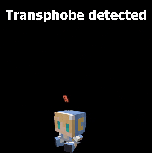 a cartoon character is sitting in front of a brick that says transphobe detected on it
