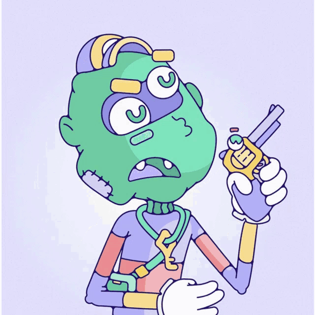 a cartoon drawing of a zombie holding a gun with the letter g on his face