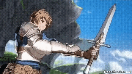 a man in armor is holding two swords in front of a rock .