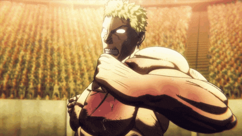 a cartoon drawing of a muscular man with glowing eyes standing in front of a crowd