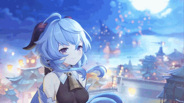 a girl with blue hair and horns is standing in front of lanterns