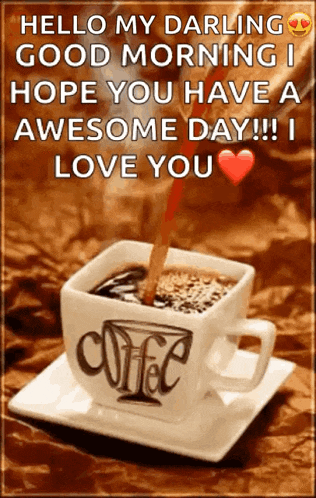 a cup of coffee with the words " hello my darling good morning i hope you have a awesome day !! i love you " on it