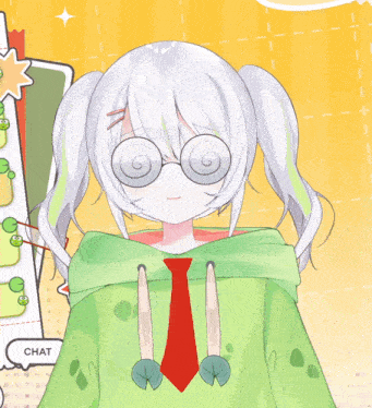 a girl wearing a green hoodie and a red tie has a chat bubble in the background