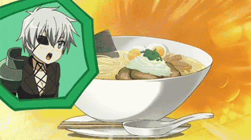 a picture of a girl next to a bowl of ramen with chopsticks