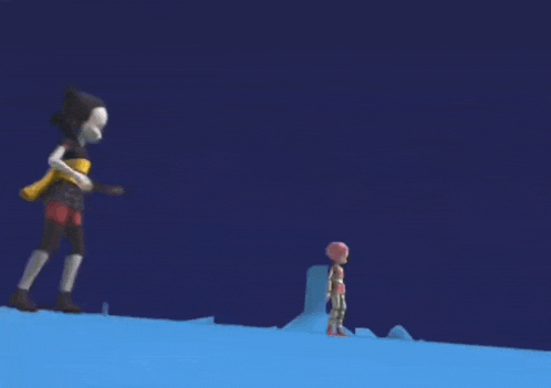 two cartoon characters standing on a snowy hill with a purple light behind them