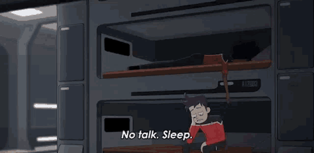 a cartoon of a man talking on a cell phone while a woman sleeps on bunk beds .