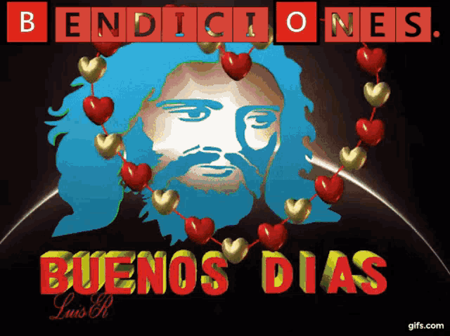a picture of jesus with hearts around his head and the words buenos dias