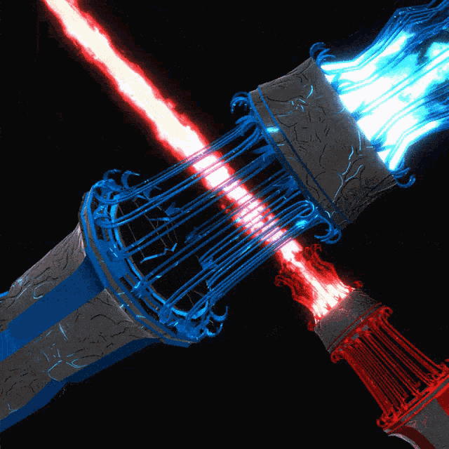 a blue and red object with a flame coming out of it on a black background