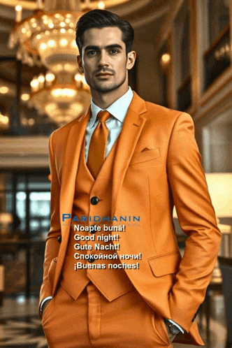 a man in an orange suit and tie says " noapte buna good night "