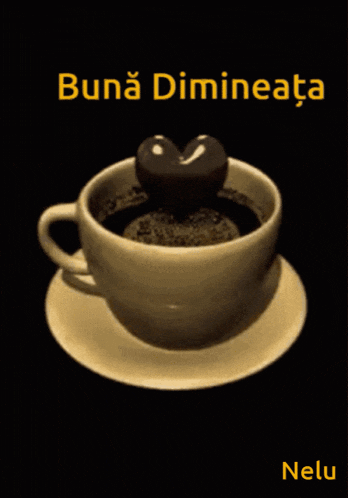 a cup of coffee on a saucer with the words buna dimineata on the top