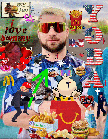 a man wearing sunglasses is surrounded by mcdonald 's images and says i love sammy