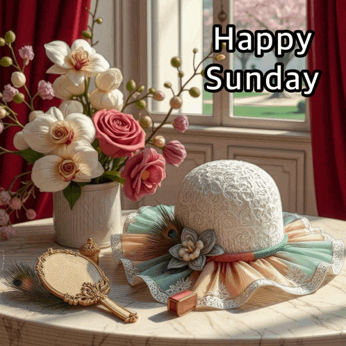 a happy sunday greeting card with flowers and a hat on a table