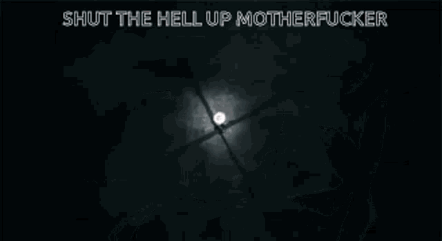 a black and white photo of a person standing in the dark with the words `` shut the hell up motherfucker ''