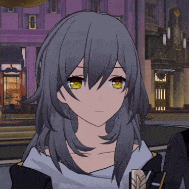 a girl with gray hair and yellow eyes is standing in front of a building with the letter o on it