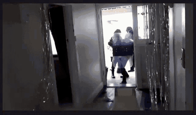 a group of people are walking through a hallway with tinsel on the walls
