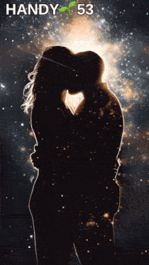 a silhouette of a man and woman kissing with the words handy 53 above