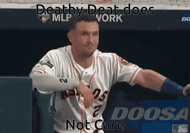 a baseball player in a dugout with the words deathy deat does not care above him