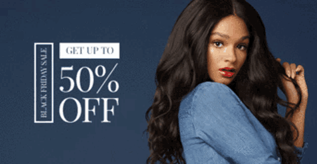 a woman is standing in front of a black friday sale banner